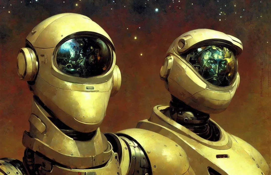 Prompt: portrait of futuristic space robot!!!!!!!!!!!!!!!!!!!!!!!!!!!, detailed face, detailed painting, epic lighting, by ilya repin, phil hale and kent williams