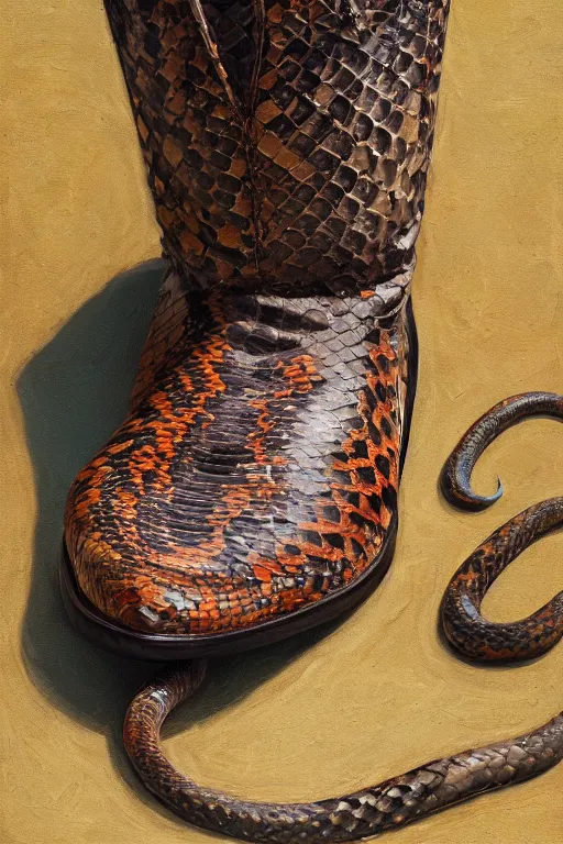 Image similar to cowboy boot with a snake coming out of it, oil on canvas, intricate, 8 k highly professionally detailed, hdr, cgsociety