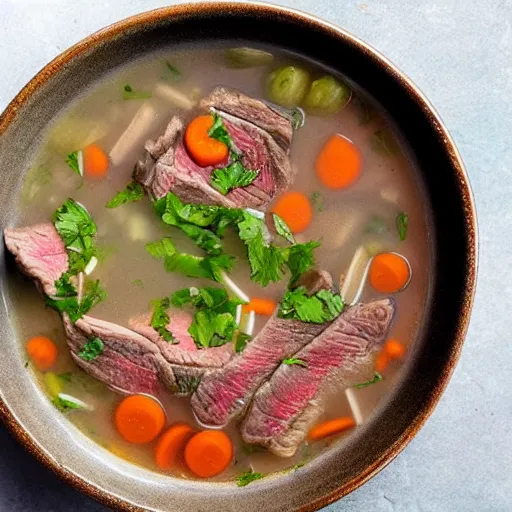 Prompt: a bowl of steak soup on a table lower corner view in the style of loish van baarle, fancy