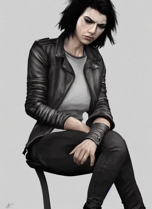 Image similar to an angry thoughtful woman with black hair and a leather jacket and a grey shirt, sitting on a chair in a run down hotel room, muscular upper body, abs, gritty, intricate, elegant, highly detailed, digital painting, artstation, smooth, sharp focus, illustration, unreal engine 5, face enhance, masterpiece