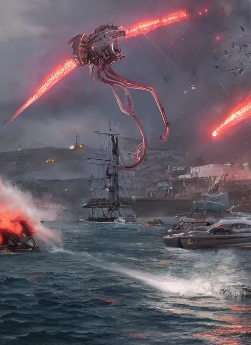 Image similar to hyper realistic squid robot attacking cape town city harbor explosions, atmospheric beautiful details, strong composition painted by kim jung giu weta studio rutkowski, james gurney and greg rutkowski, and lucasfilm