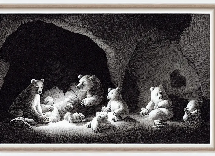 Image similar to Pieter Claesz's 'a bear and her cubs sleeping in a dark cave, lit by campfire', night time, cross hatching, framed, monochrome