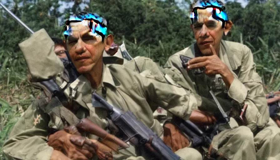 Prompt: obama fighting the war in vietnam with a rifle