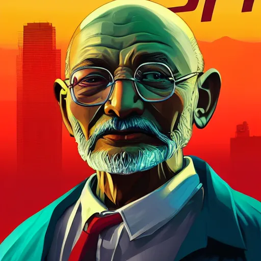 Prompt: GTA V Cover art of a Ghandi with a nuclear bomb, Grand Theft Auto, CIV Ghandi, by Christopher Balaskas and artgerm, vibrant, digital art, landscape, studio lighting, model, realism, 4k n 6
