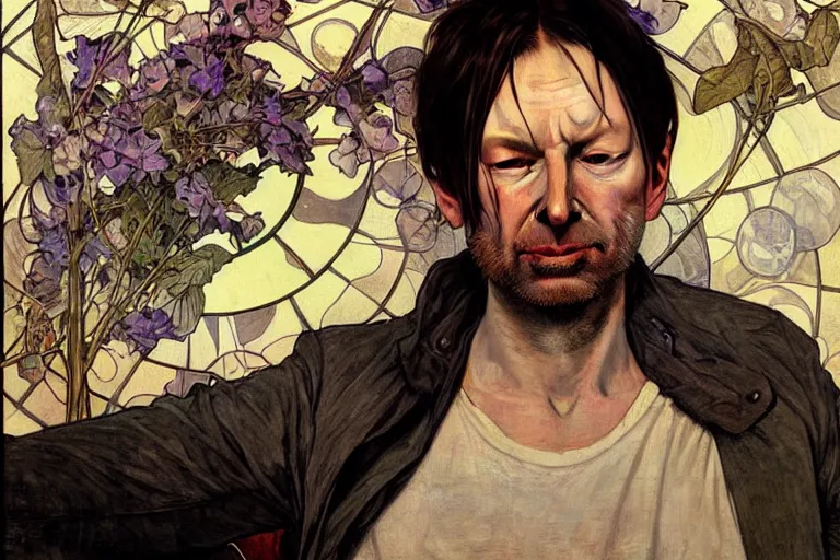 Image similar to hyper realistic portrait of radiohead singer frontman, by lee bermejo, alphonse mucha and greg rutkowski