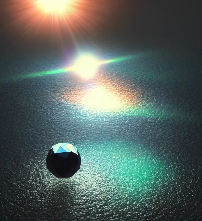 Prompt: a beautiful illustration of a faceted crystal ball in water + prism + god rays + dramatic lightning + backlit + specular highlights + ambient occlusion + global illumination + bump map + reflective + caustics + refractive + unreal engine 5 + DOF + sharp focus