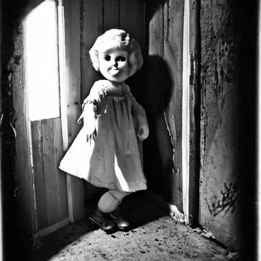 Image similar to creepy vintage doll peeking around corner in darkly lit basement photo by william mortensen