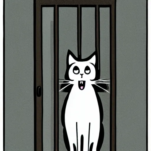 Prompt: illustration of a cat meowing in front of a door. creepy horror by Junji Ito.