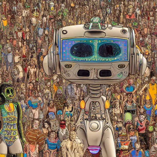 Prompt: intricate detailed artwork of a futuristic robot controlling thousands of beautiful female ravers, full frontal views, in the style of Geof Darrow, steampunk, fully filled out women, torn clothing, bikinis, ultra hd, 8k, redshift render, pixar