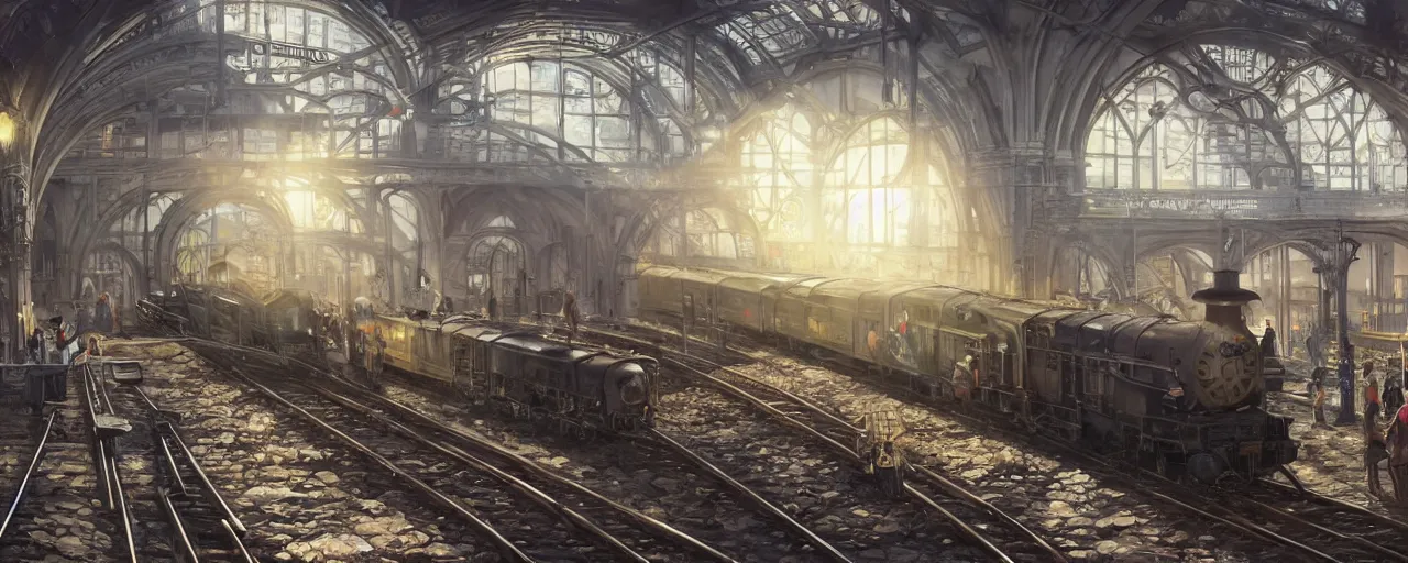 Image similar to photorealistic subway station with arriving steam trains, daylight, sunlight, lens flare, highly detailed, digital painting, artstation, concept art, smooth, sharp focus, 8k, photorealistic, 25mm f/1.7 ASPH Lens, ultra realistic steampunk illustration, art by greg rutkowski and alphonse mucha