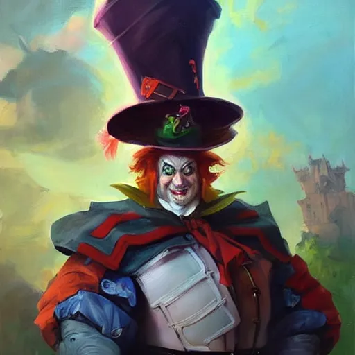 Image similar to greg manchess portrait painting of partially armored mad hatter from alice in wonderland as overwatch character, wacky, medium shot, asymmetrical, profile picture, organic painting, sunny day, matte painting, bold shapes, hard edges, street art, trending on artstation, by huang guangjian and gil elvgren and jesper ejsing