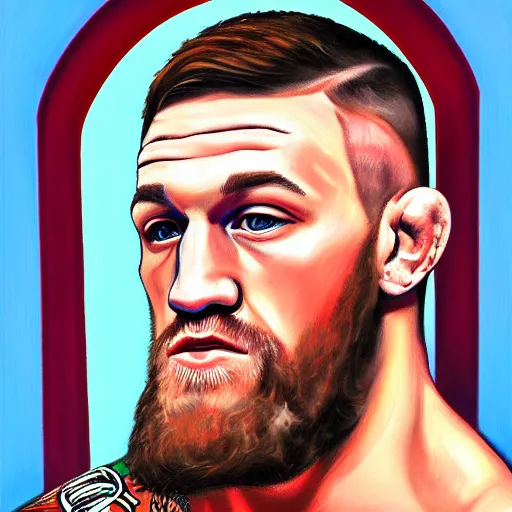 Image similar to religious portrait, conor mcgregor on the cross, oil on canvas, digital art