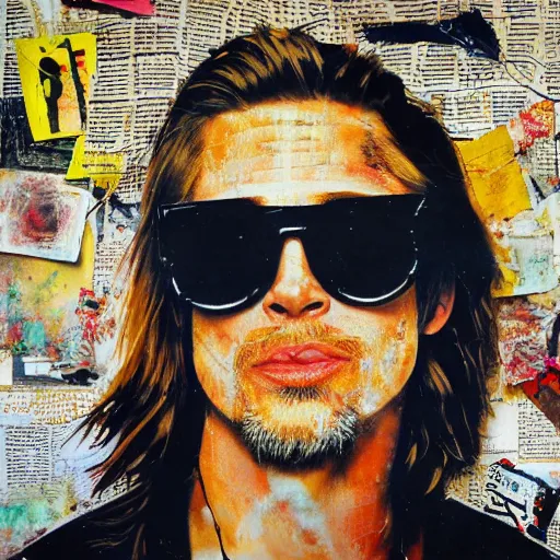 Prompt: detailed analogue mixed media collage with canvas texture in style of contemporary art, punk art, hyperrealistic 3 9 - year - old french bearded longhaired yoga punk singer wearing sunglasses, commercial model and actor, style like brad pitt. photorealistic, expressionism, masterpiece, perfect composition, spectacular quality, intricate oil details, vivid broken glass, torn paper, magazine pages