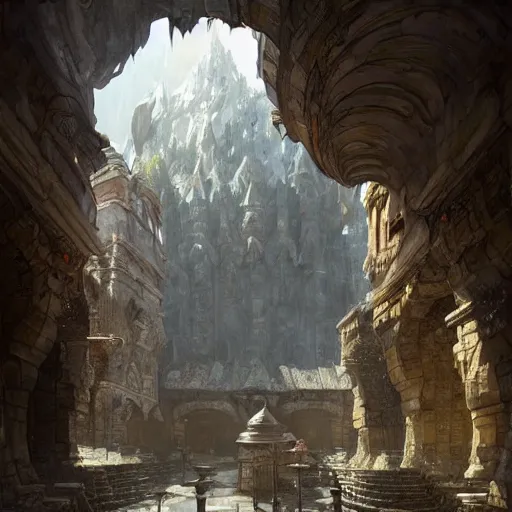 Image similar to A wide open courtyard in a beautiful dwarven city made of marble, inside the underground cave, lustrous minerals, a fantasy digital painting, artstation, concept art, sharp focus, illustration, art by greg rutkowski and alphonse mucha