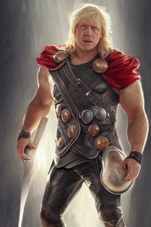 Image similar to Boris Johnson as Thor barehand, Boris Johnson hairstyle, full body realistic portrait, highly detailed, muscular body, digital painting, artstation, concept art, smooth, sharp focus, illustration, cinematic lighting, art by artgerm and greg rutkowski and alphonse mucha