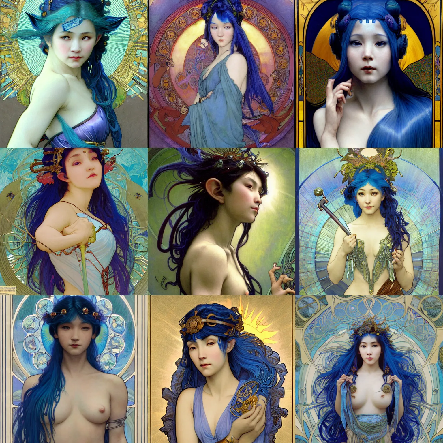 Prompt: stunning, breathtaking, awe-inspiring award-winning concept art nouveau painting of attractive blue-haired Asian elf, as the goddess of the sun, with anxious, piercing eyes, by Alphonse Mucha, Michael Whelan, William Adolphe Bouguereau, John Williams Waterhouse, and Donato Giancola, cyberpunk, extremely moody lighting, glowing light and shadow, atmospheric, cinematic, 8K