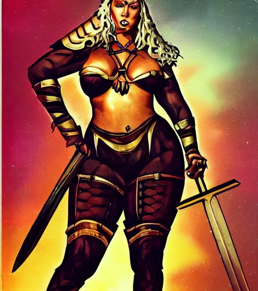 Image similar to 1 9 8 0 s fantasy novel book cover, bbw plus size amazonian iggy azalea in extremely tight bikini armor wielding a cartoonishly large sword, exaggerated body features, dark and smoky background, low quality print