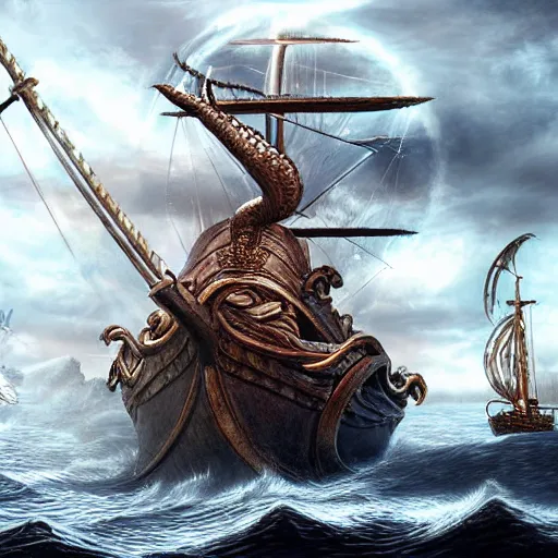 Prompt: kraken attack epic viking ship, centered in picture, epic fantasy, detailed, intricate, digital painting, concept art, realistic, smooth, focus, rim light