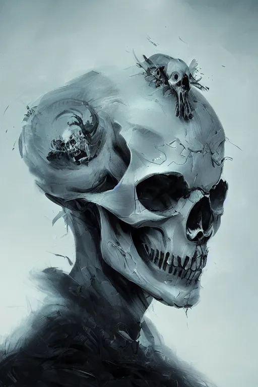 Prompt: concept art skull, brushstroke, close - up portrait, powerfull, intricate, elegant, volumetric lighting, scenery, digital painting, highly detailed, artstation, sharp focus, illustration, concept art, ruan jia, steve mccurry