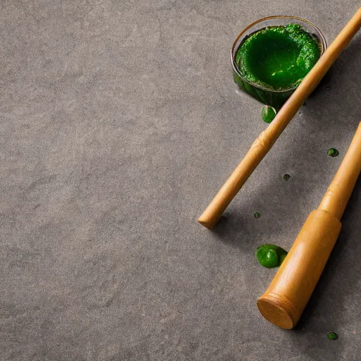 Prompt: short wooden cane with blobs of green slime on it, photograph