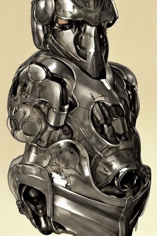 Prompt: futurist armor for half human half robot soldiers, art by leyendecker, head and shoulders portrait, cyberpunk, cybernetic implants, intricate, extreme details