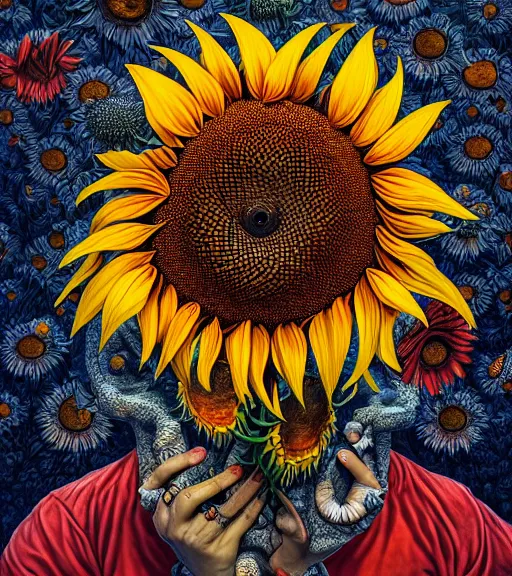 Prompt: portrait, nightmare anomalies, sunflower flowers by dariusz zawadzki, kenneth blom, mental alchemy, james jean, pablo amaringo, naudline pierre, contemporary art, hyper detailed