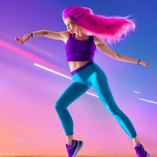 Image similar to a award winning half body shot of a beautiful woman in a croptop and leggings with a ombre purple pink teal hairstyle with head in motion and hair flying, outrun, vaporware, highly detailed, fine detail, intricate