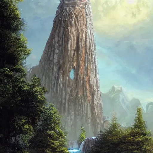 Prompt: Tower surrounded by a spiral staircase. Tower standing at the edge of a huge waterfall. Giant crystal on top of the tower. Detailed gorgeous art, trending on ArtStation by Ted Nasmith.