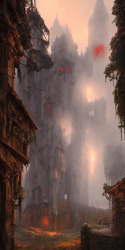 Image similar to a medieval stronghold, intricate architecture, large red crystalls growing everywhere, portal in the sky above, hyper realistic, vray render, 8 k, environment fog, moody, dark, misty, by craig mullins, composition by dylan cole, artstation, deviantart