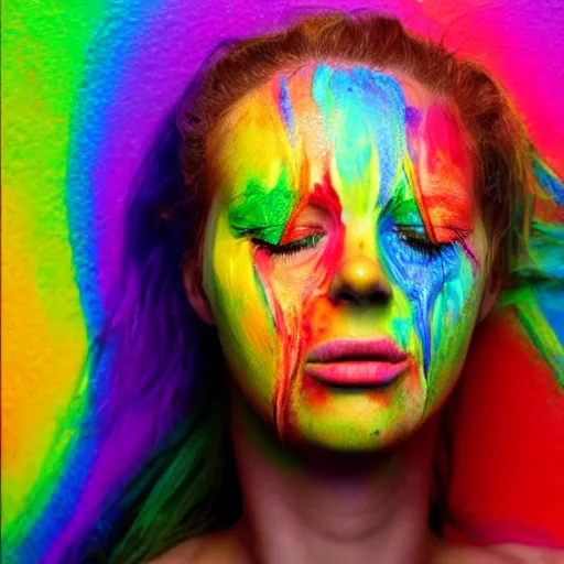 Image similar to woman crying rainbow paint, ultra realistic, realistic photography