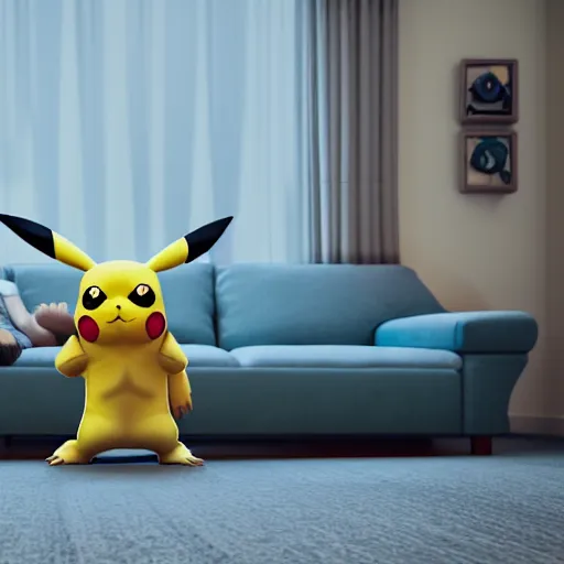 Image similar to Pikachu taking a bong rip on the couch, unreal engine 5, octane render, cgsociety, living room interior, soft lighting, ray tracing,