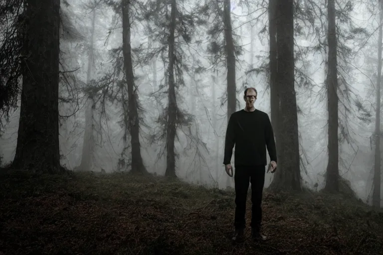 Image similar to a cinematic headshot portrait of a skinny evil male scientist, in a spooky forest, fog, portrait, portrait, portrait, shrubbery, 8 k, detailed, backlight, deep focus, movie still, moody lighting, by werner herzog