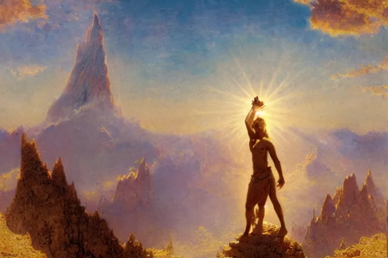 Image similar to illustration of a mythical hero standing at the top of a mountain with the sun in his hands, holding it up to shine over the world. mythology. art by gaston bussiere.