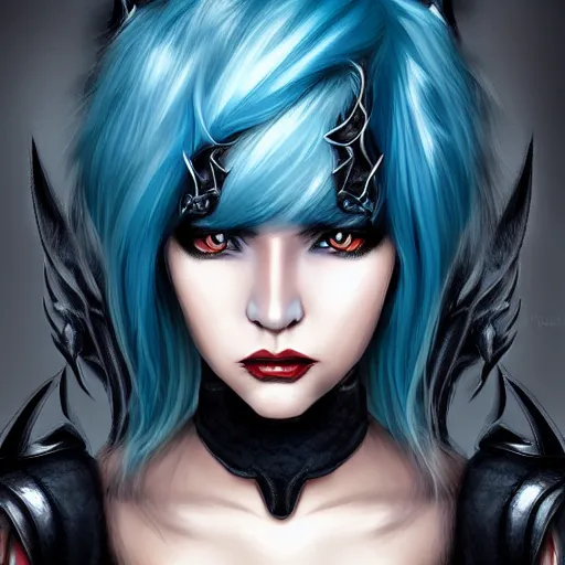 Image similar to illustrated realistic portrait female ram-horned kobold blue hair with black evil devil eyes wearing leather armor by rossdraws