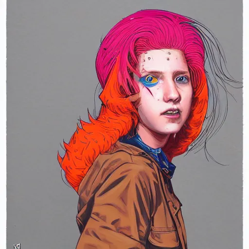 Prompt: portrait painting of a teenage girl with swept back wild orange hair and punk clothes, sharp focus, award - winning, trending on artstation, masterpiece, highly detailed, intricate. art by josan gonzales and moebius and deathburger