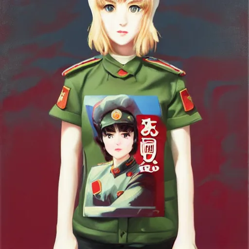 Image similar to oil paining of twentytwo year old female character with ( ( ( cat ears ) ) ) wearing soviet era uniform, wearing a tshirt with a face of karl marx on it, in the style of krenz cushart