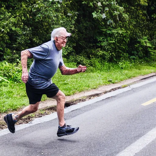 Prompt: An elderly man running from a giant humanoid sausage, Canon EOS R3, f/1.4, ISO 200, 1/160s, 8K, RAW, unedited, symmetrical balance, in-frame