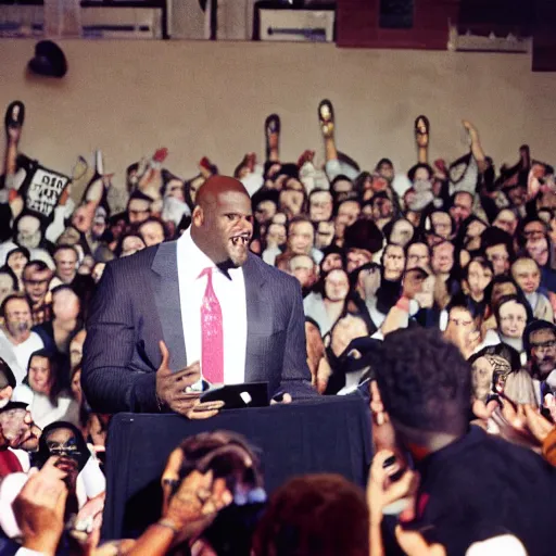 Image similar to shaquille o'neal speaking to a cult devoted to him