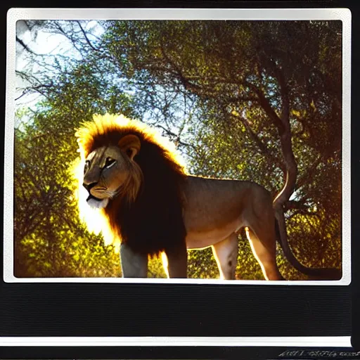 Prompt: photograph of a polaroid of a lion loose at the san diego zoo, tourists in background, bokeh, high definition, slr, golden hour, realistic skin