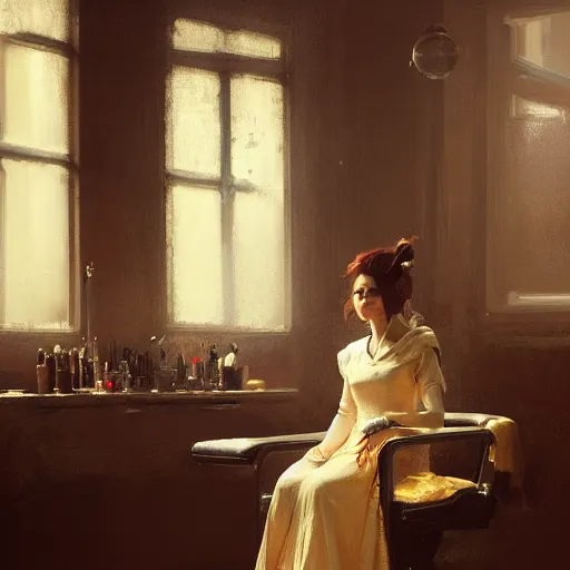 Image similar to a beautiful portrait of a lady in her salon by greg rutkowski and henri regnault trending on artstation