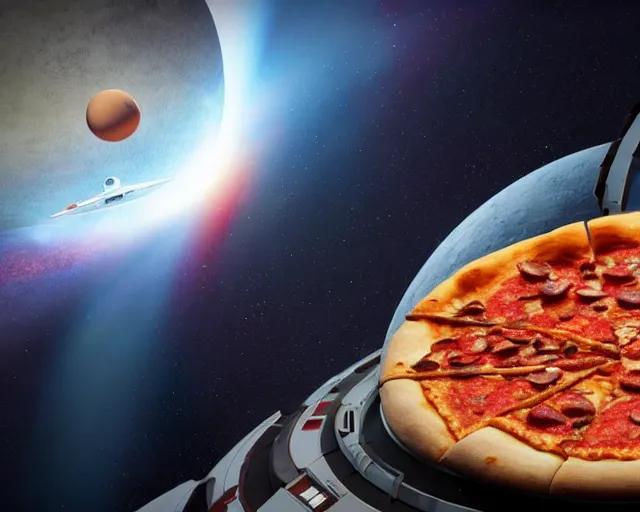 Prompt: a single slice of pizza spaceship in orbit over a single planet space starwars 3 d render starwars clonewars 4 k atmospheric cinematic shot octane render high definition