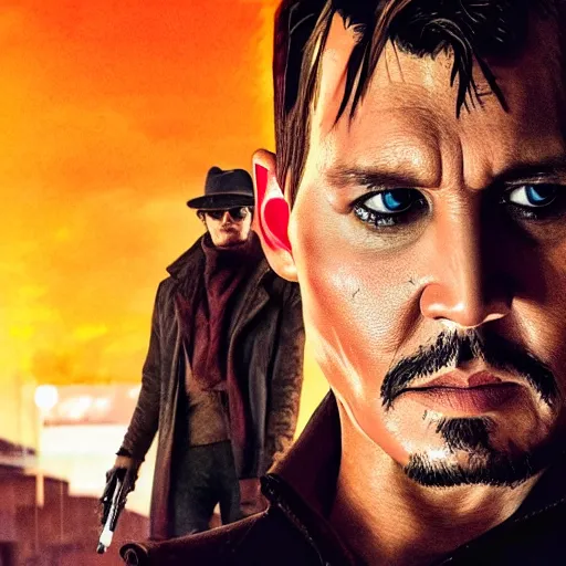 Image similar to cinematic film still of Johnny Depp in Blade Runner 2049