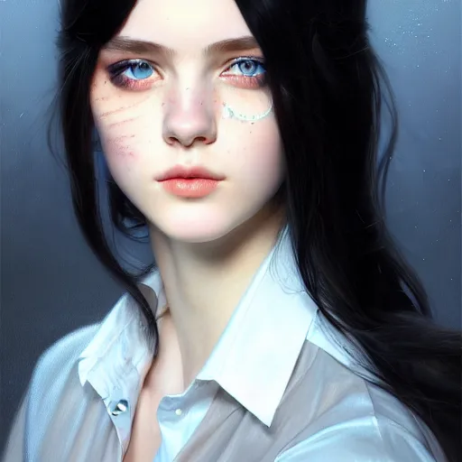 Prompt: portrait of teenage girl with long glossy black hair, blue eyes, glowing skin, fashion model features, fantasy, intricate, elegant, dress shirt and tie, highly detailed, digital painting, artstation, concept art, smooth, sharp focus, illustration, art by Krenz Cushart and Artem Demura and alphonse mucha