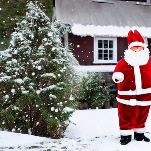 Image similar to a rabbit dressed as santa, stands outside a brown swedish cottage, snowing, in the style of jenny nystrom