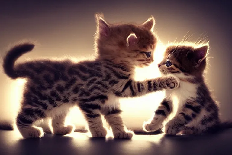 Image similar to A professional photo of two cute kittens play-fighting each other; cutest kittens ever; high-quality, dramatic lighting, extremely high detail, trending on artstation