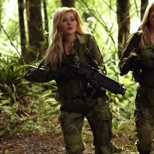 Image similar to elisha cuthbert and mary elizabeth winstead as a commandos in a jungle battlefield