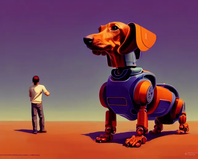 Prompt: robot shaped like a dachshund, hyper - realistic, gta v cover art, celshading, sharp focus, intricate, detailed, rhads, andreas rocha, makoto shinkai, lois van baarle, ilya kuvshinov, greg rutkowski, dynamic lighting, grunge aesthetic, 4 k