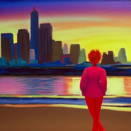 Image similar to lonely young woman with red hair magenta coat and light blue pants wandering a beach at sunset, stylized oil painting, warm lighting, city skyline in background, swimming pool in foreground