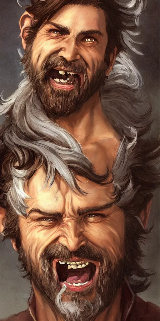 Image similar to beautiful portrait painting of a very short and small male halfing bard with brown hair with some grey hairs, full beard, ridiculous smile, from pathfinder, evil smirk, narcissist, self centered, painted by larry elmore, wayne reynolds, greg rutkowski, magic the gathering, dungeons and dragons, dishonored 2