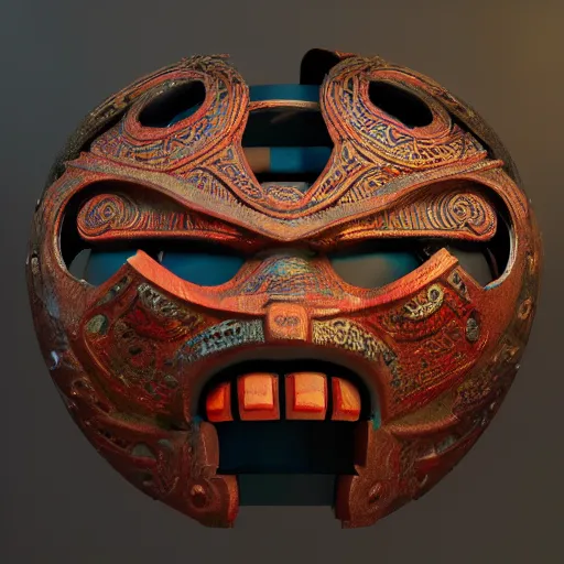 Prompt: a tribal masks, japanese pottery, vivid colors, wood, metal, intricate details, trending on cgsociety, sharp focus, ultra realistic details, cinematic atmosphere, global illumination, shadows, octane render, 8 k